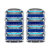 A set of six blue and silver razor replacement heads for men displayed in a clear plastic case.