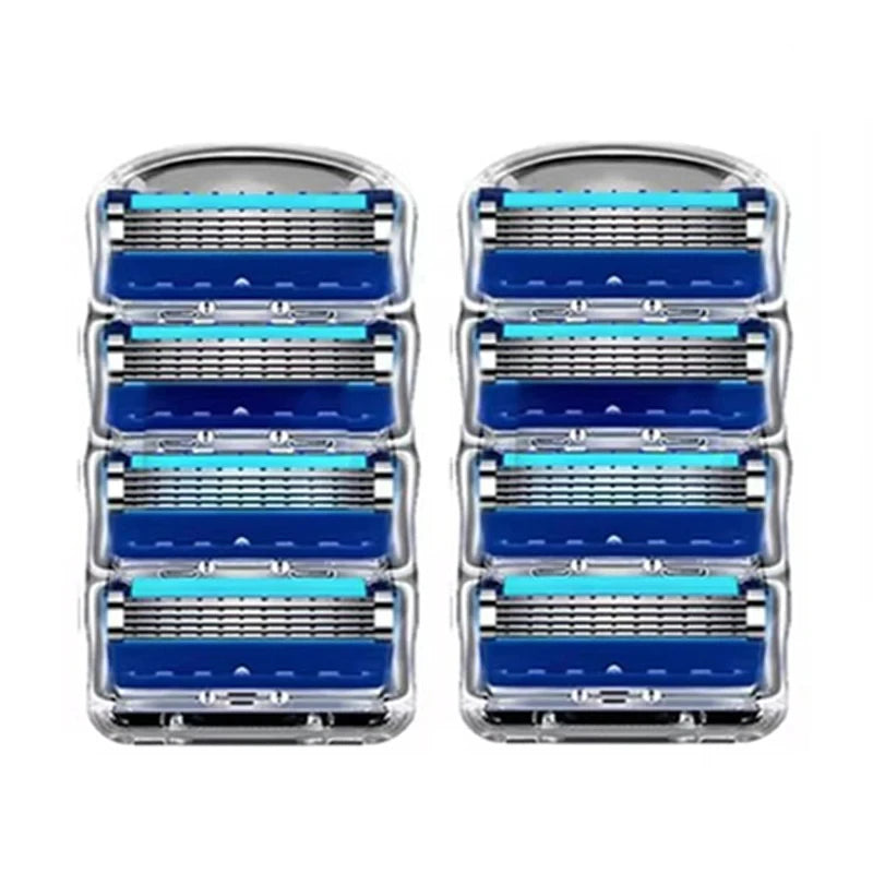 A set of six blue and silver razor replacement heads for men displayed in a clear plastic case.