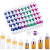 A set of ten glass dropper bottles in various shades of purple and green for essential oils and samples.
