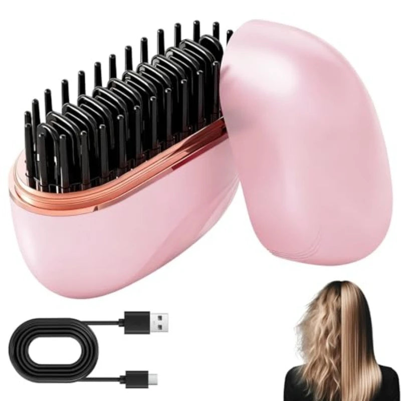 A pink portable mini hair straightener with a black barrel and power cord is shown next to a woman's hair.