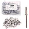 A clear plastic container holds 100 pieces of 3mm small mini nail sanding bands and a metal nail drill.