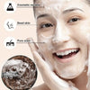 A woman is applying a facial cleanser foam to her face, with close-ups showing cosmetic residue, dead skin, and pore stains.
