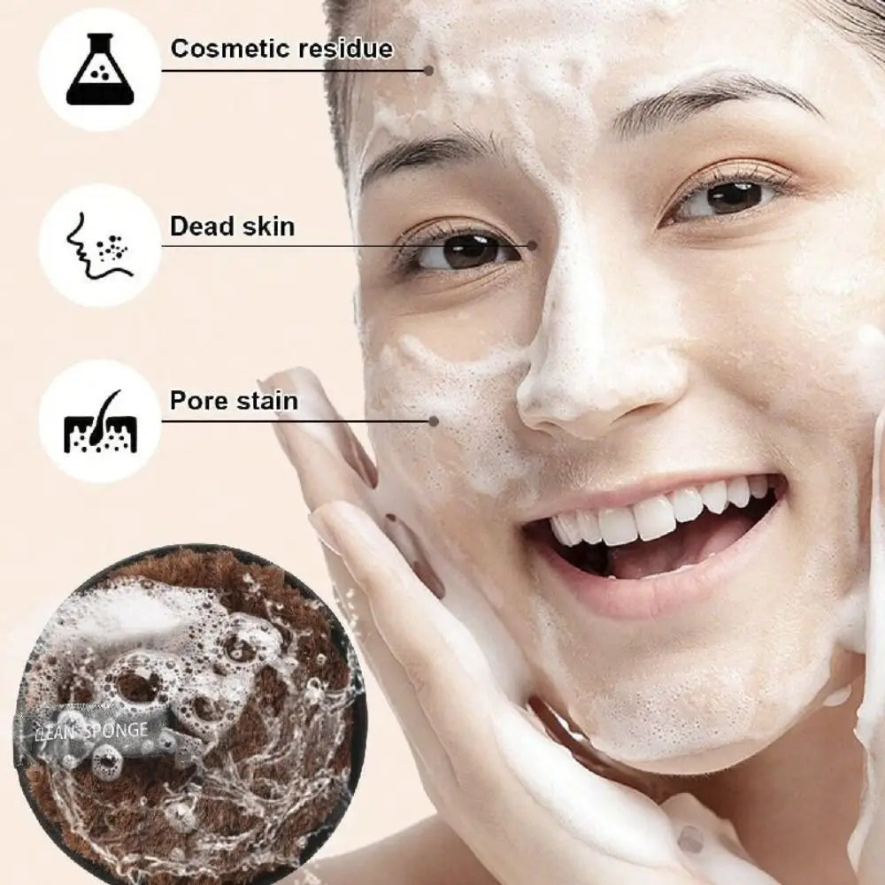 A woman is applying a facial cleanser foam to her face, with close-ups showing cosmetic residue, dead skin, and pore stains.