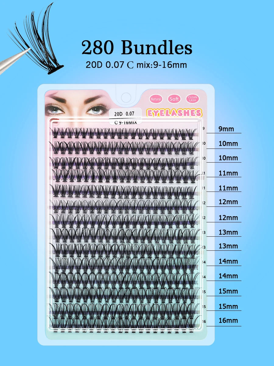 A sheet of cluster eyelash extensions showing various lengths from 9mm to 16mm.