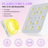 A white flash cure lamp with twelve UV LED beads and various feature icons showing fast curing, dual light source, smart sens