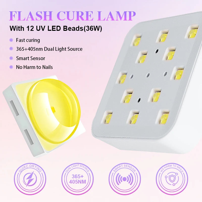 A white flash cure lamp with twelve UV LED beads and various feature icons showing fast curing, dual light source, smart sens
