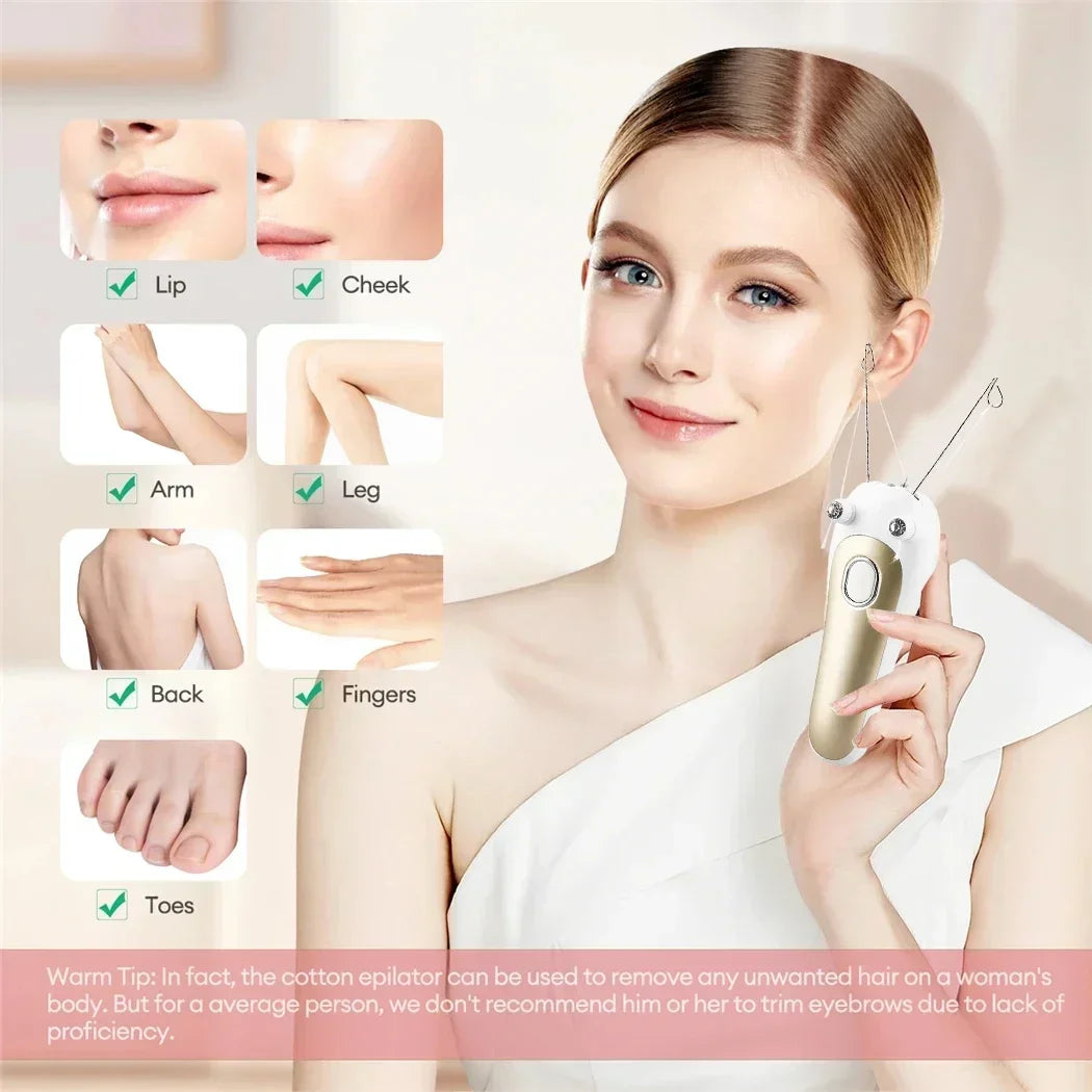A woman is holding a white electric hair epilator device, demonstrating its use for facial and body hair removal.