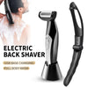 A black electric back shaver is shown next to a person being washed with soap, highlighting its use for full body wash.