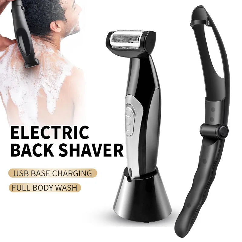 A black electric back shaver is shown next to a person being washed with soap, highlighting its use for full body wash.