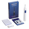 A box and components for a Deeper Cleaner toothbrush, including the brush and cleaning heads.
