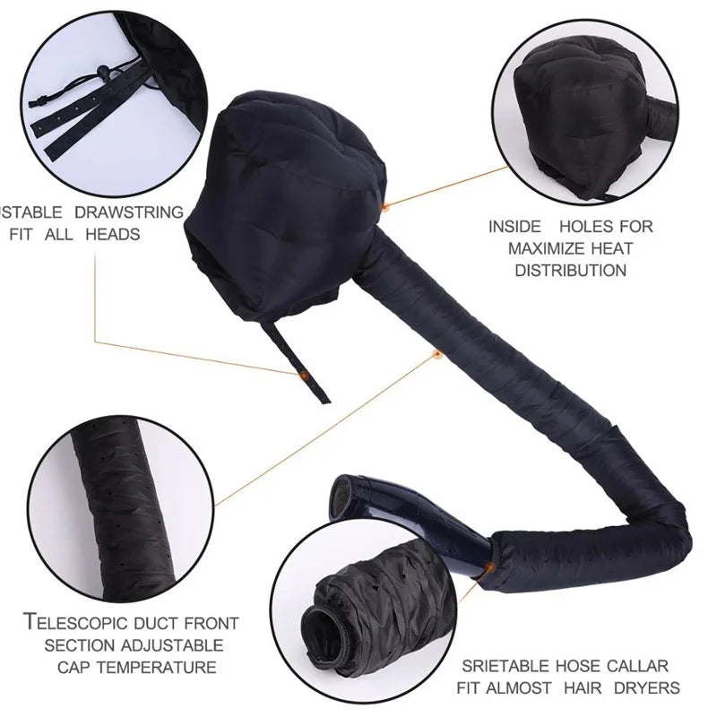 Black telescopic duct hair drying cap with adjustable temperature and sirable hose collar