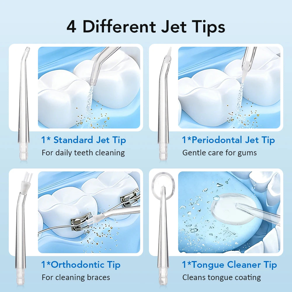 A set of four different jet tips for a mini cordless water flosser including standard, periodontal, orthodontic, and tongue c