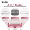 A pink and silver 3-in-1 electric shaver with curved, middle foil, and straight blades shown for body hair removal.