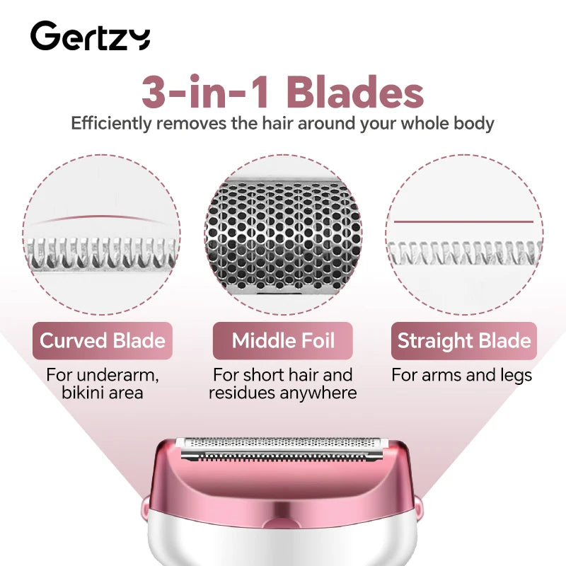 A pink and silver 3-in-1 electric shaver with curved, middle foil, and straight blades shown for body hair removal.