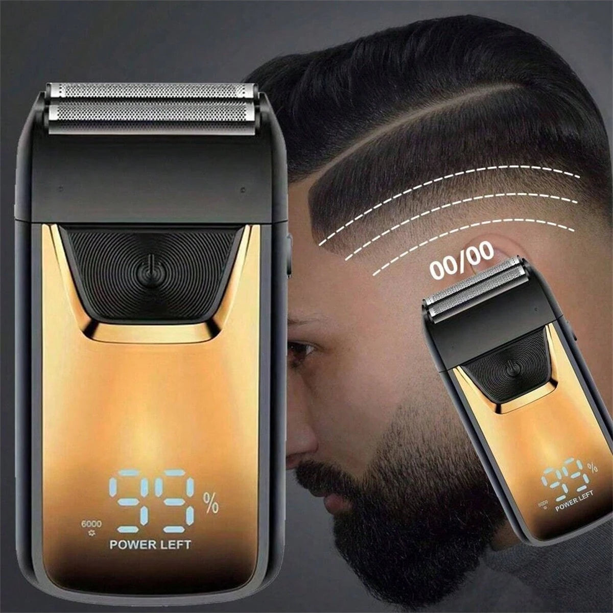 Close-up of a professional electric double-blade hair shaver in gold and black tones being used on a man's head.