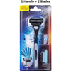 A package containing one handle and two blades for a grooming device.