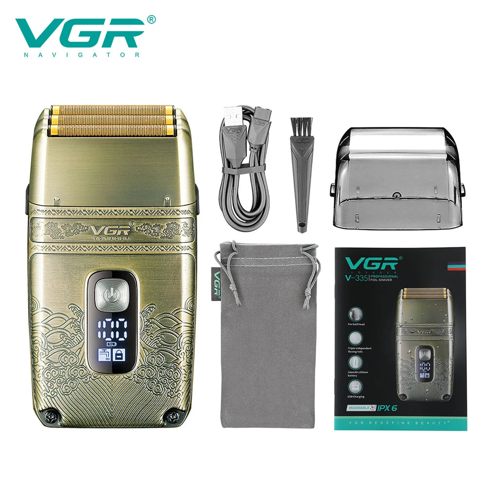 A set of VGR professional electric hair trimmers including the main unit, accessories, and carrying pouch.