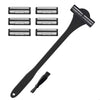 A set of multi-layer silicone back shaver razors in black, including multiple razor heads and a handle.