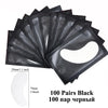 A pack of 100 pairs of black under-eye lash application patches shown in a fan arrangement.