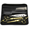 A black case containing professional stainless steel hair cutting scissors and combs.