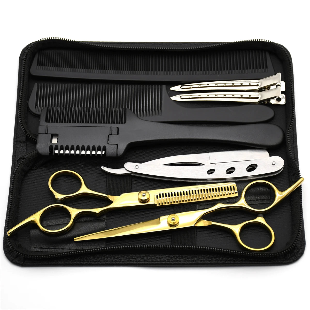 A black case containing professional stainless steel hair cutting scissors and combs.
