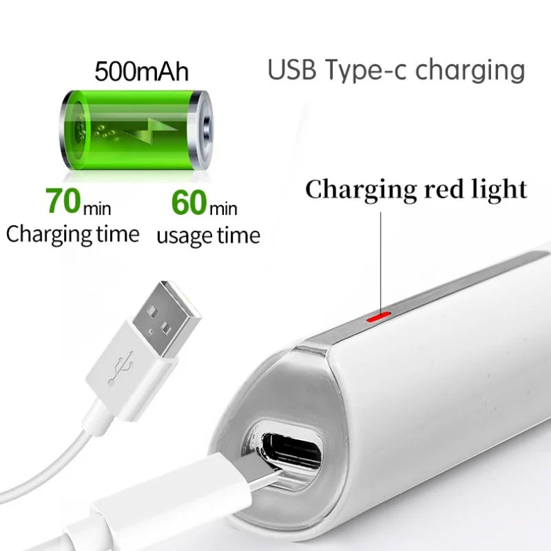 A white electric hair remover device with a USB Type-c charging port and a red light feature is shown next to its battery and