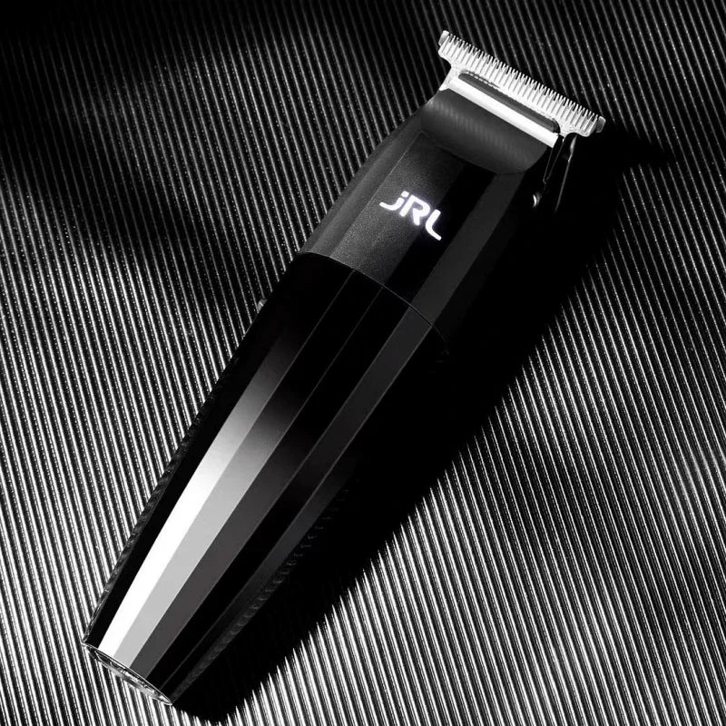 A black professional electric hair trimmer with a silver comb attachment is shown against a dark, textured background.