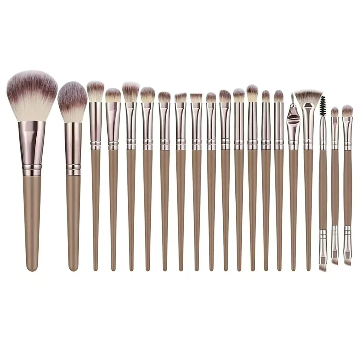 Una colección de doce brochas de maquillaje profesionales en acabado rosa dorado o bronce.