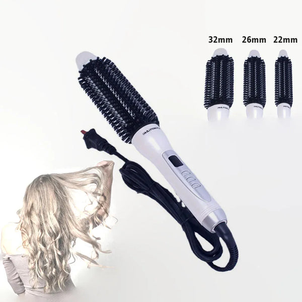 A black hair straightener and curler with interchangeable ceramic barrels shown next to long, wavy blonde hair.