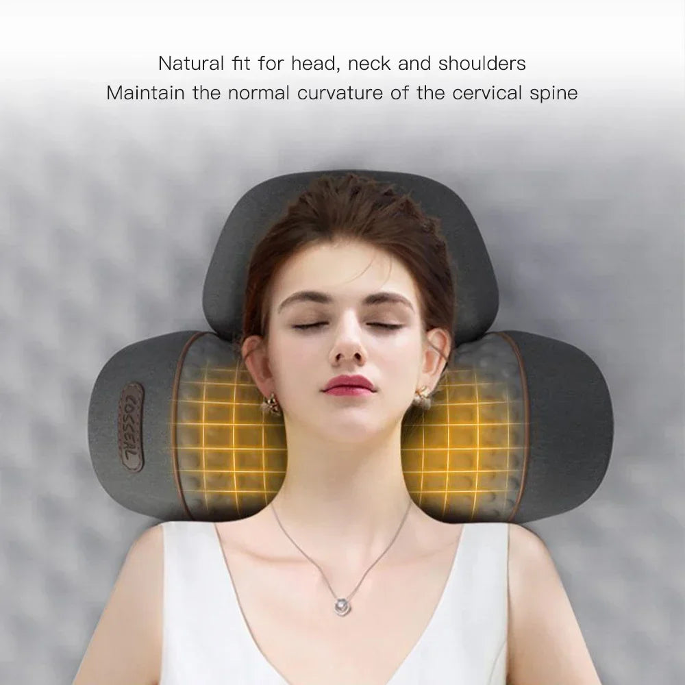 A woman is using a therapeutic neck massager designed to maintain the normal curvature of the cervical spine.