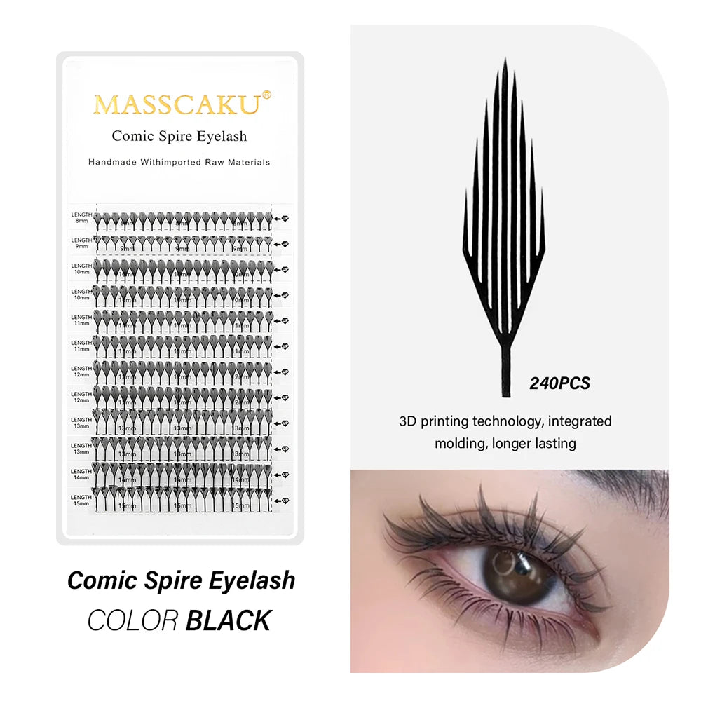 Black Comic Spire Eyelash set featuring various lengths for dramatic eye enhancement