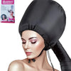 A model wearing a black adjustable hair drying cap for salon and home use.