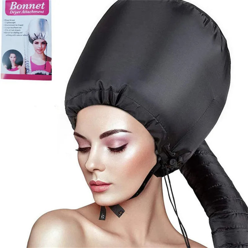A model wearing a black adjustable hair drying cap for salon and home use.