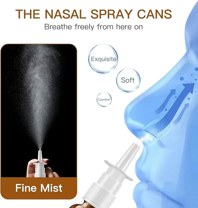 A hand is applying a fine mist from a nasal spray bottle onto a person's nostril.
