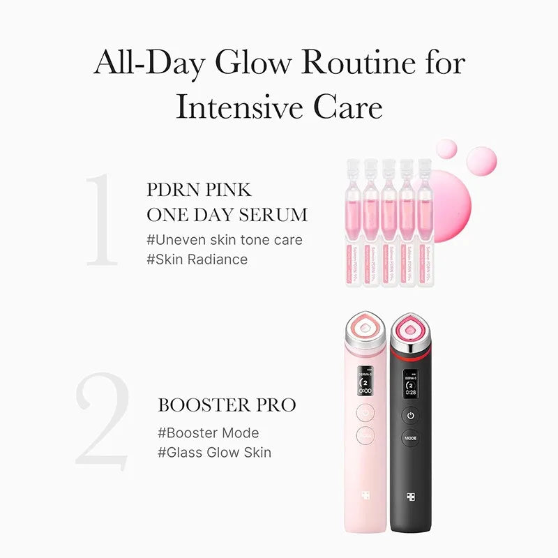 A set of skincare products including a serum and a booster shown in a clean, minimalist layout.