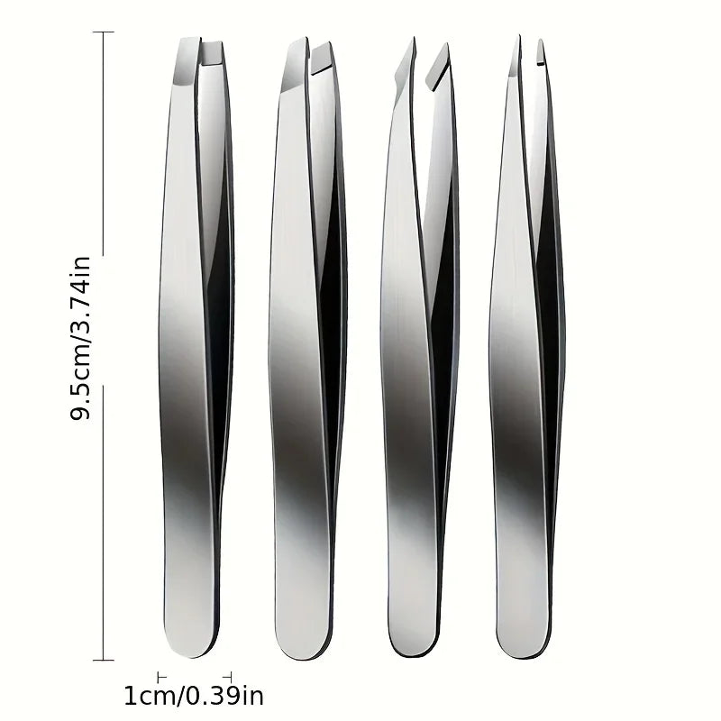 Precision Stainless Steel Eyebrow Tweezers Set (4 Pcs)
