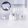 Clear waterproof cosmetic bag showing various small bottles and tubes inside