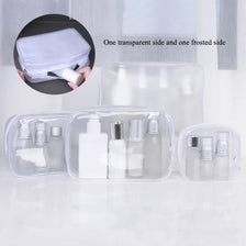Clear waterproof cosmetic bag showing various small bottles and tubes inside