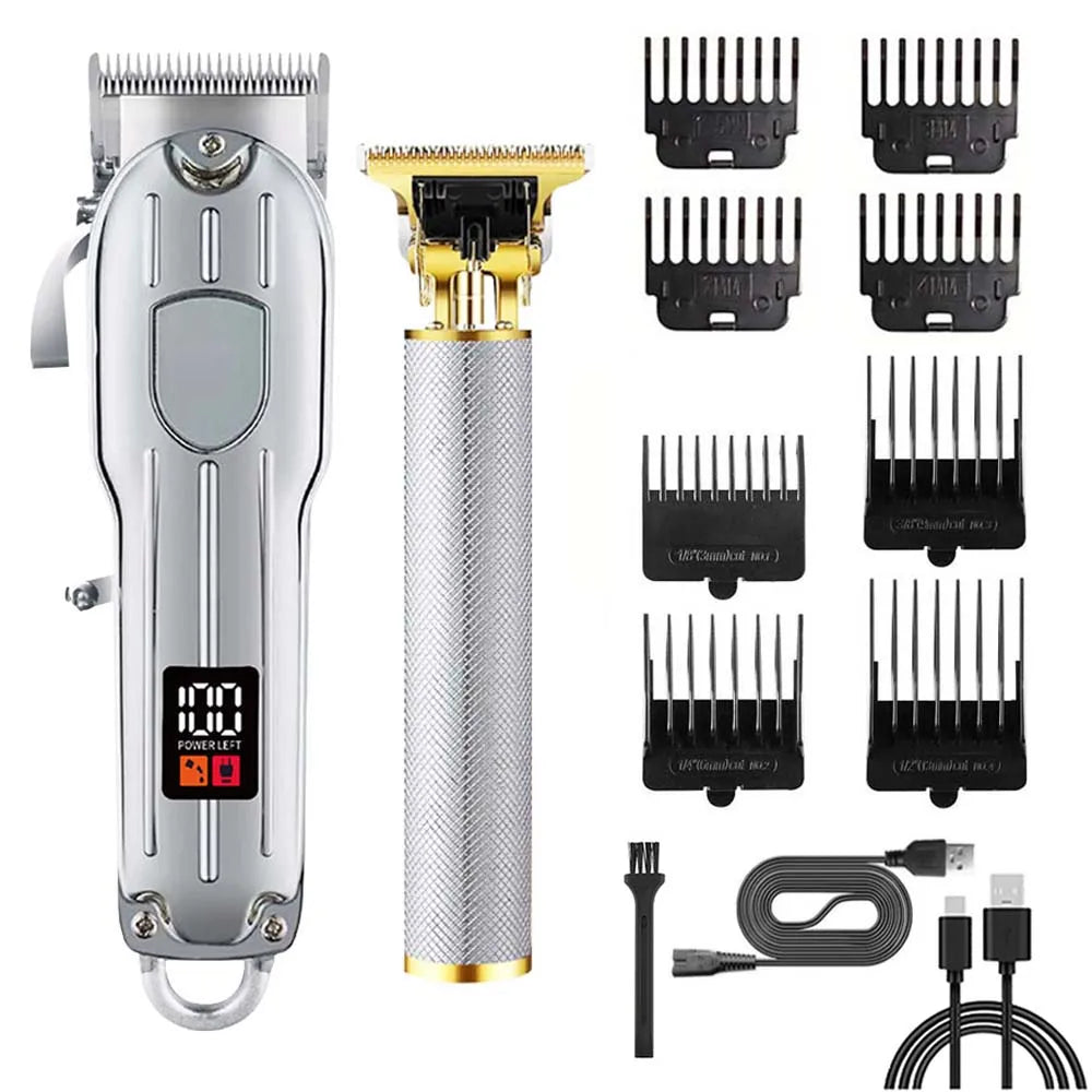A set of professional electric hair clippers for men including the clipper body, attachments, and power cord.