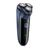 A close-up view of a dark blue electric shaver with three shaving heads and a power button.