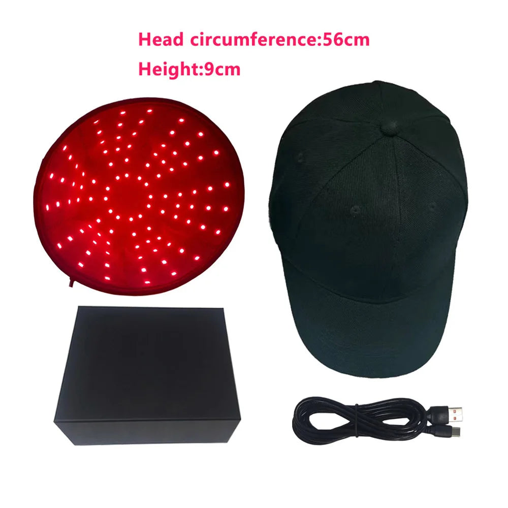 A black cap with a red LED light panel and an attached power cord.