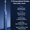 A blue sonic electric toothbrush standing upright, showcasing five personalized cleaning modes.