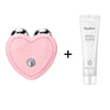 A pink heart-shaped microcurrent facial lifting roller massager next to a tube of Hankey moisturizing gel.