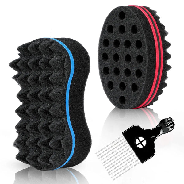 Black afro hair styling kit including a twist comb, curling sponge, and styling gloves