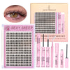 A pink box and set of natural eyelash extension kits for DIY use featuring various lash types