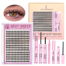 A pink box and set of natural eyelash extension kits for DIY use featuring various lash types
