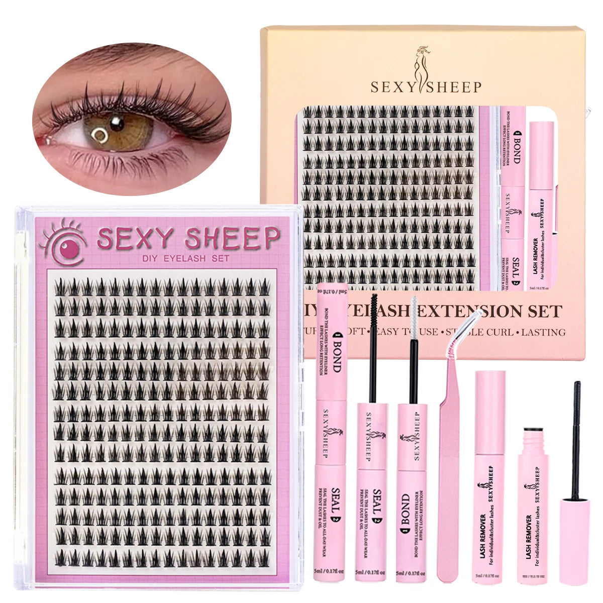 A pink box and set of natural eyelash extension kits for DIY use featuring various lash types