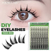 A close-up of an eye showing a natural lash line and a box of Young Lash DIY eyelash clusters.