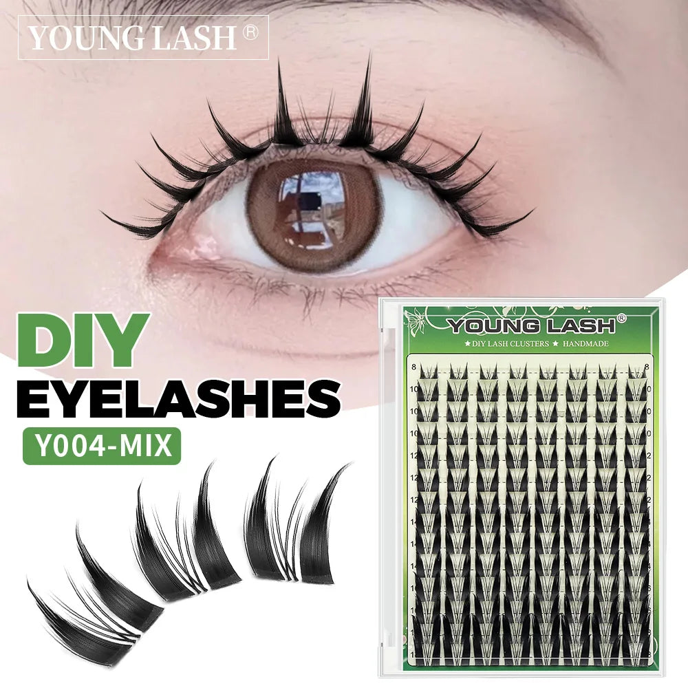 A close-up of an eye showing a natural lash line and a box of Young Lash DIY eyelash clusters.