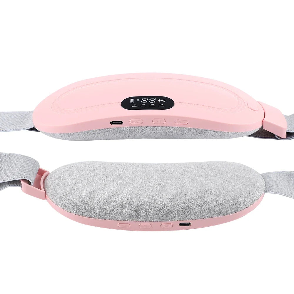 A pink electric waist and abdominal massager belt shown in two views.